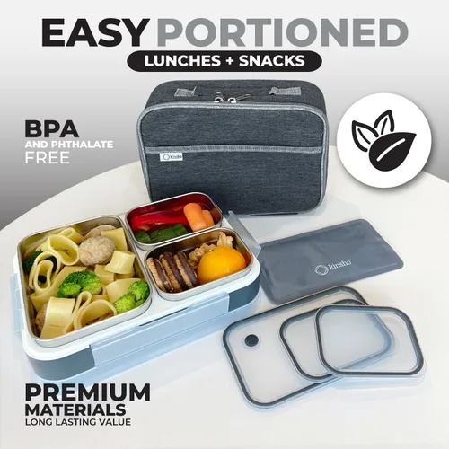 Vista 2 de Juego de Lonchera Bento de Acero Inoxidable para Adultos, Niños - Bolsa Aislante y Paquete de Hielo - Compartimento de Metal a Prueba de Fugas