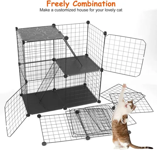 Vista 7 de Jaula de 3 niveles para gatos, casa de metal para interiores, casa desmontable para gatitos con 3 puertas, 2 escaleras, lugar de ejercicio