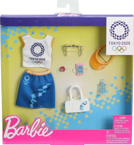 Vista 2 de Barbie Paquete de ropa de muñeca inspirada en los Juegos Olímpicos de Tokio 2020, juego coleccionable incluye camiseta deportiva con logotipo, falda