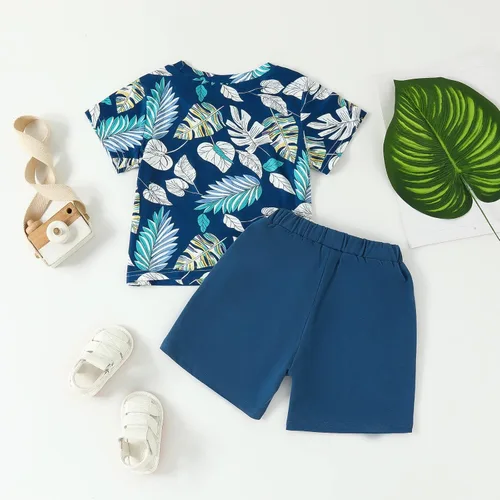 Vista 3 de AMAWMW Trajes de verano hawaianos para bebés y niños pequeños, camiseta de hoja de palmera, pantalones cortos con bolsillos, 2 piezas, ropa tropical
