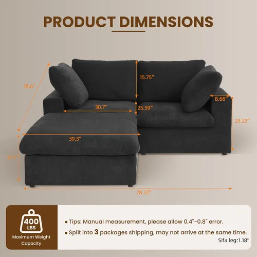 Vista 2 de Sofá modular Cloud de 79 pulgadas, sofá biplaza modular convertible con otomana de almacenamiento, sofá de tela de lino y algodón para sala