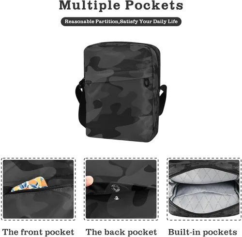 Vista 2 de Bolso tipo mensajero de camuflaje negro y gris para mujeres y hombres, bolso cruzado para el hombro, cartera para teléfono celular, bolso lateral