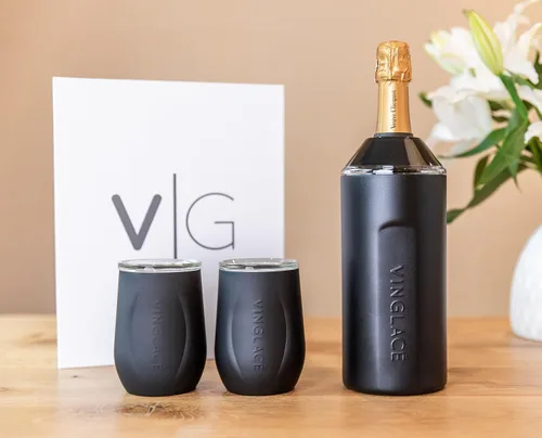 Vista 2 de Vinglacé Juego de regalo enfriador de botellas de vino, enfriador de vino portátil de acero inoxidable con 2 copas de vino sin tallo, color negro