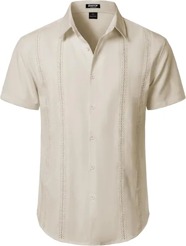 Vista 3 de JEMITOP Camisa de guayabera cubana para hombre, casual, con botones, manga corta, para verano, crucero, playa, vacaciones