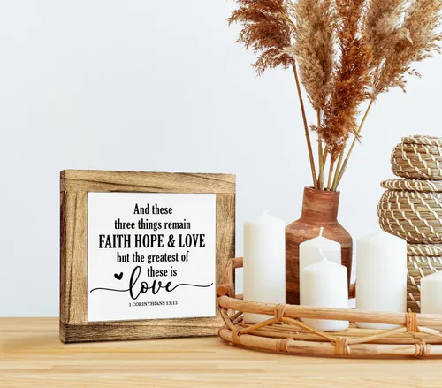 Vista 5 de Cartel de caja religiosa – Faith Hope & Love, placa de madera para regalo, decoración cristiana para el hogar y la habitación familiar