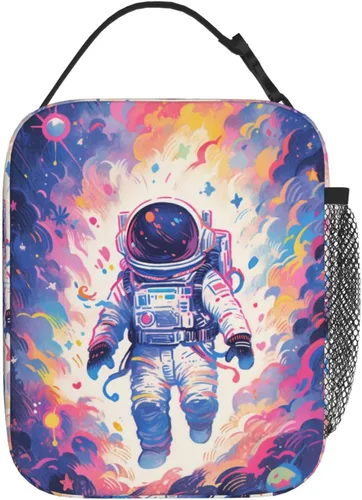 Vista 3 de SARA NELL Lonchera infantil para niños, bolsa de almuerzo de astronauta, galaxia, planeta espacial, bolsa térmica de poliéster con aislamiento