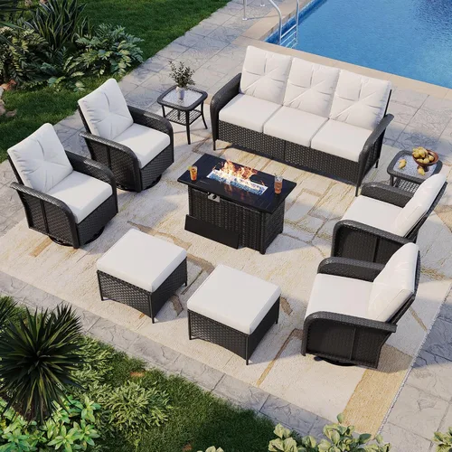 Vista 15 de Aoxun Juego de muebles de mimbre de ratán de 10 piezas con mesa para fogata Gris