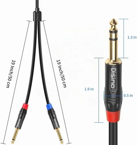 Vista 3 de Cable de inserción divisor en Y estéreo TRS de 1/4 pulgadas, cable de audio de conector auxiliar de 1/4 pulgadas macho a doble salida TS mono de 1/4