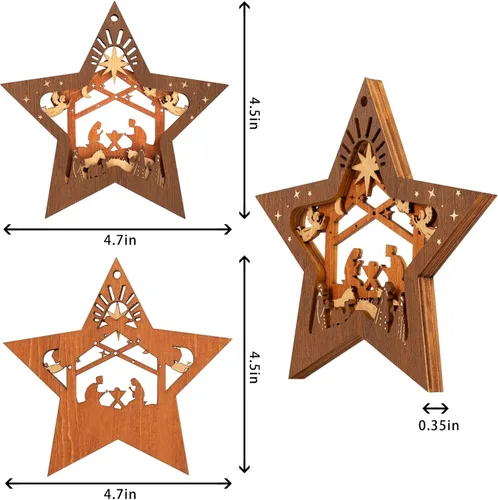 Vista 7 de Creawoo Adornos de belén, adorno colgante de madera de Navidad en forma de estrella, recuerdo de belén para árbol de Navidad, decoración
