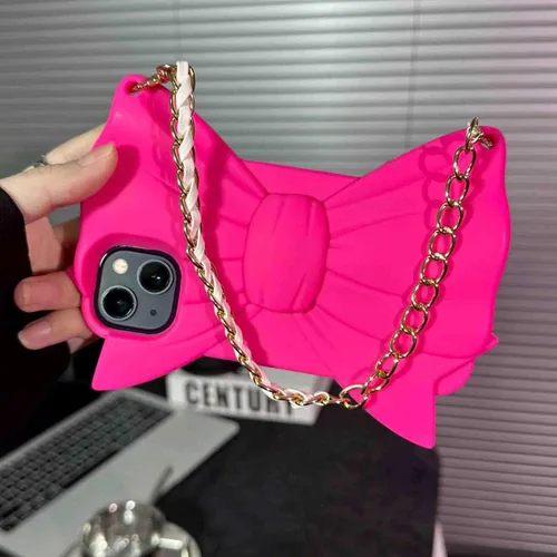 Vista 5 de Funda de silicona suave a prueba de golpes compatible con iPhone 13 Pro Max, bonita funda de silicona suave a prueba de golpes con lazo rosa intenso