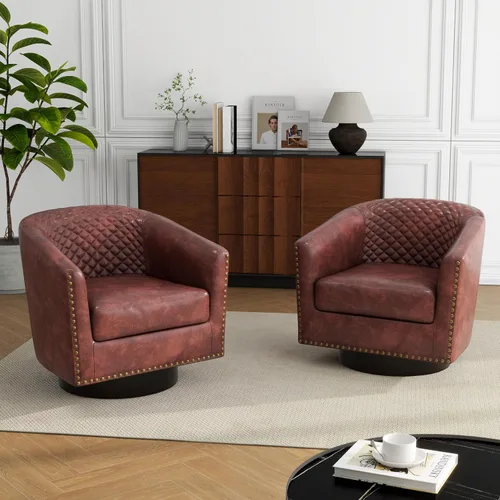 Vista 45 de Silla Barrel de Acento, Silla de Club Tapizada de Piel Sintética con Ribete de Clavos, Cómodo Sillón de Lectura para Sala de Estar Dormitorio Sala