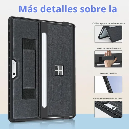 Vista 5 de Funda para Microsoft Surface Pro 11/10/9/8 de 13 pulgadas, con cubierta de soporte, correa de mano, funda resistente todo en uno compatible con Negro
