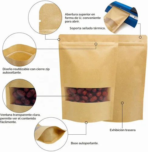 Vista 5 de TYONMUJO 100 bolsas de papel kraft con cierre de cremallera para ventana, bolsas a granel resellables de 3.5 x 5.5 pulgadas