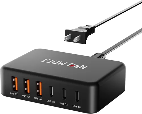 Vista 2 de GaN - Estación de carga de 130 W para múltiples dispositivos, bloque de carga rápida USB C de 6 puertos para iPhone 17 16 15 14 Pro Max, iPad, Negro