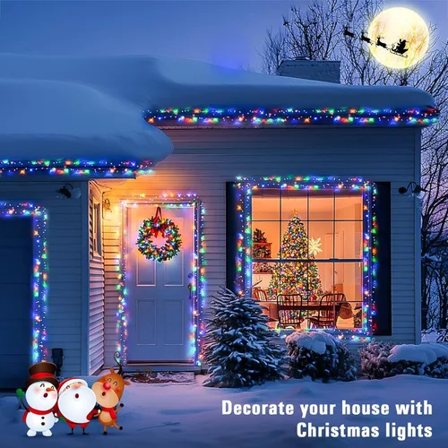 Vista 5 de JMEXSUSS 400 luces LED multicolor en racimo enchufables, luces de cadena navideñas de 20 pies para exteriores impermeables con control remoto, 8