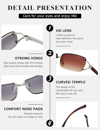 Vista 6 de kimorn Lentes de sol rectangulares para mujeres y hombres, elegantes sin montura y sin marco, modernos lentes de sol retro de los años 90, marco