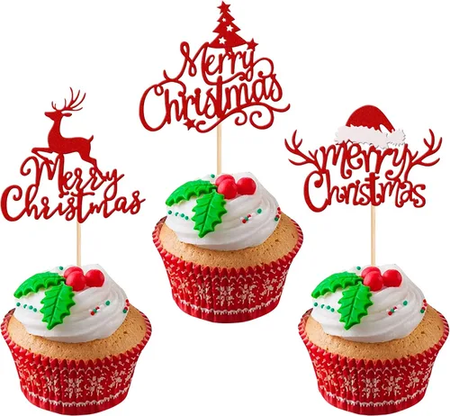 Vista 30 de Rsstarxi Paquete de 24 Adornos para Cupcakes Oh Baby de Navidad con Purpurina, Sombreros de Navidad, Palillos para Cupcakes de Baby Shower para Baby