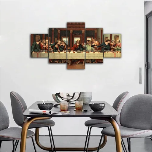 Vista 2 de Da Vinci - Póster clásico de pintura al óleo, 5 piezas, pintura de pared de la última cena, lienzo con impresión renacentista, decoración moderna
