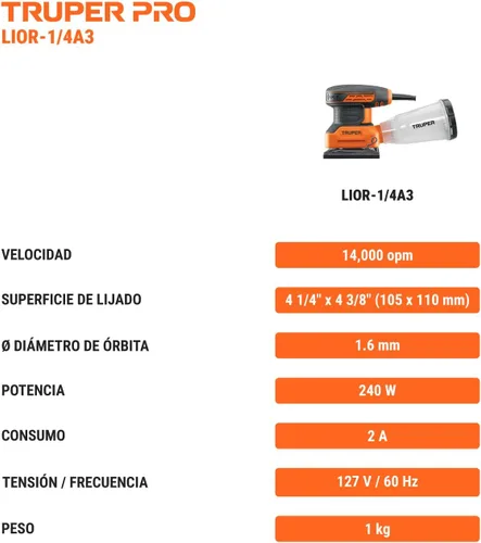 Vista 11 de Truper LIOR-1/4A3, Lijadora Orbital 1/4 Hoja 240 W Profesional
