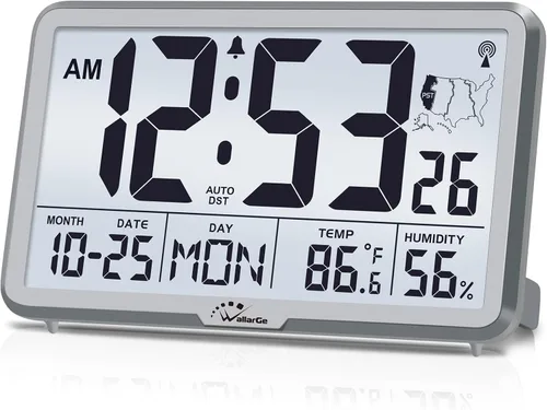 Vista 8 de WallarGe Reloj de Pared Atómico con Retroiluminación, Reloj de Pared Digital que Funciona con Pilas para Aula, Dormitorio, Oficina, Pantalla Grande