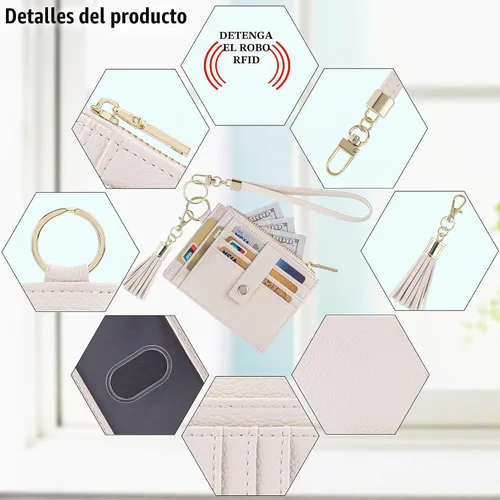 Vista 3 de Cartera con llavero para mujer, delgada, con bloqueo Rfid, tarjetero para tarjetas de crédito, cartera de identificación con cremallera, cartera