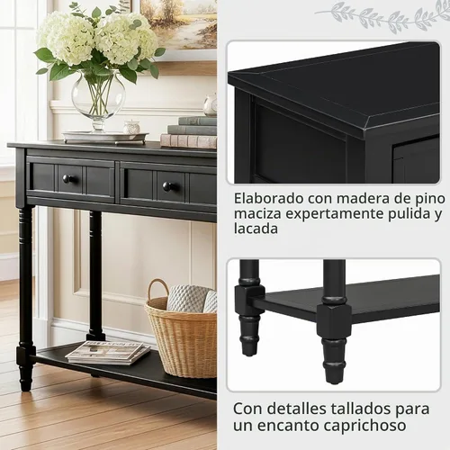 Vista 7 de P PURLOVE Mesa de consola Aparador Mesa de sofá de madera con 2 cajones y estante inferior (negro)