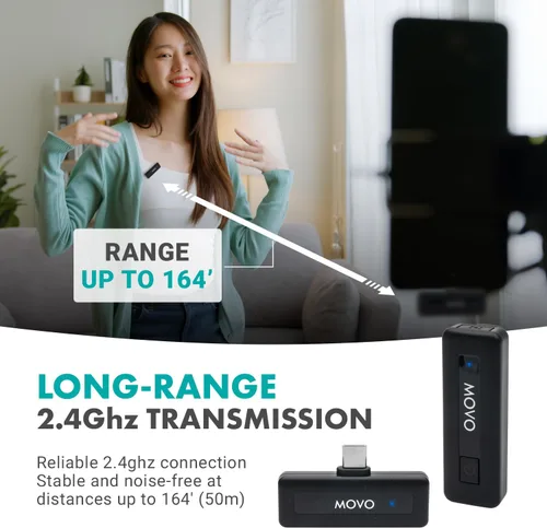 Vista 7 de Movo Micrófono inalámbrico Mini USB-C para iPhone 15/16/17 - Micrófono compatible con Pro Max - Duración de la batería de 10 HR, rango de 164 pies