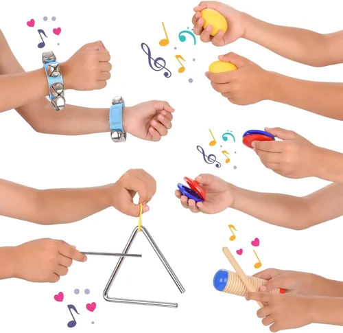 Vista 6 de Juego de instrumentos educativos y musicales para niños pequeños, 21 piezas, con pandereta, maracas, castañuelas y más, promueve las habilidades