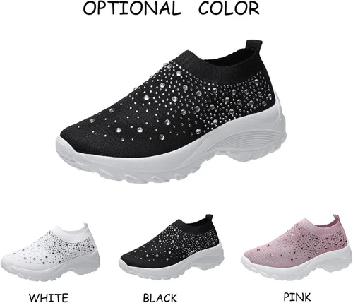 Vista 3 de Tenis ortopédicos de malla de punto con diamantes de imitación para mujer, cómodos, transpirables, con soporte de arco, mocasines ultraligeros