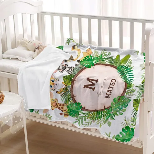 Vista 2 de Manta personalizada de animales bebés para niños y niñas, mantas personalizadas con nombre, manta ligera de franela suave para ropa de cama, sofá