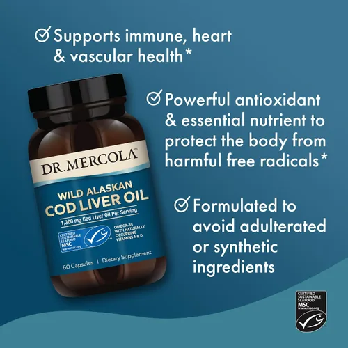 Vista 4 de Dr. Mercola Aceite de hígado de bacalao, 1,300 mg por porción, 30 porciones (60 cápsulas), suplemento dietético, apoya la salud cerebral, ósea