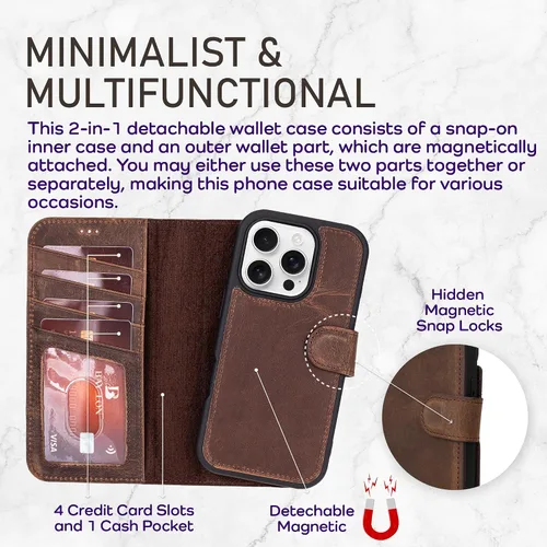 Vista 65 de Bayelon Funda tipo cartera para iPhone 15 Pro, cartera de cuero de grano completo, funda magnética desmontable, tarjetero, funda tipo cartera