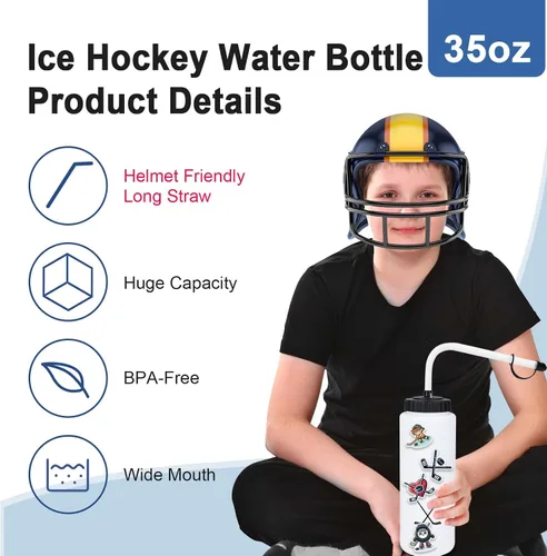 Vista 3 de Regalos de hockey RhythmFit, paquete de 1 botella de agua de hockey con pajita larga y 100 piezas de calcomanías y accesorios para niños, hombres