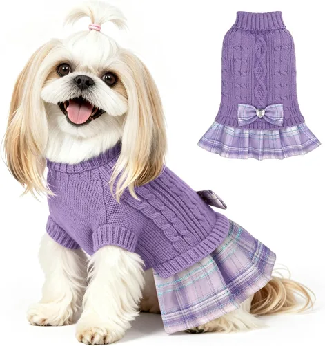 Vista 7 de YUDODO Small Dog Sweater Dress with Bowtie Turtleneck - Knitted Pet Clothes Dusty Pink