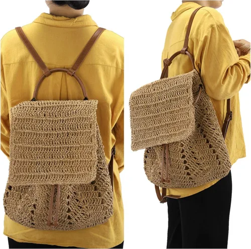 Vista 3 de Ayliss Bolso de mano de paja para mujer, bolso de hombro de verano, tejido a mano, bolso de mano para playa, bolsa de hobo, Caqui, S