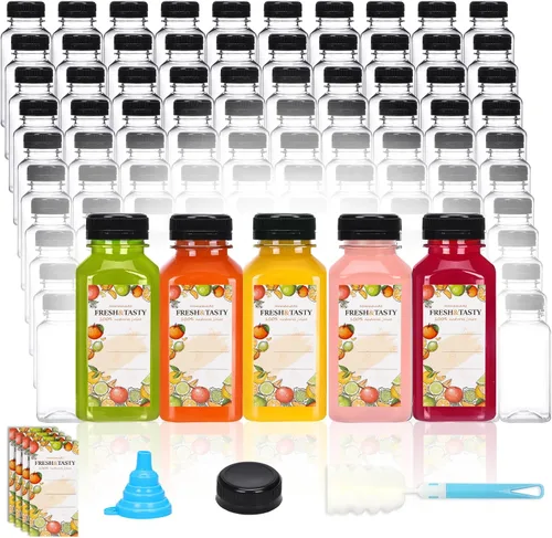 Vista 12 de TOMNK 100 botellas de plástico de 2 onzas con tapas, recipientes reutilizables transparentes para bebidas a granel para inyección de jengibre, jugo