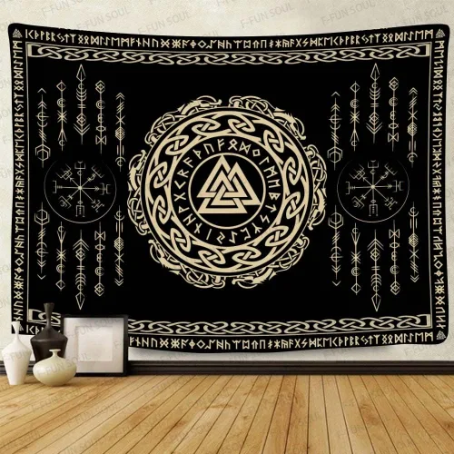 Vista 11 de F-FUN SOUL Tapiz de los vikingos nórdicos, franela suave, 40 x 30 pulgadas, nudo triskele vikingo, runa celta, tapiz de mitología estética