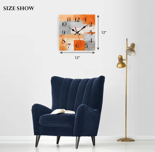 Vista 4 de ArtSocket Reloj de pared de madera, silencioso, sin tictac, abstracto, naranja, gris, geométrico, minimalista, a cuadros, cuadrado, rústico