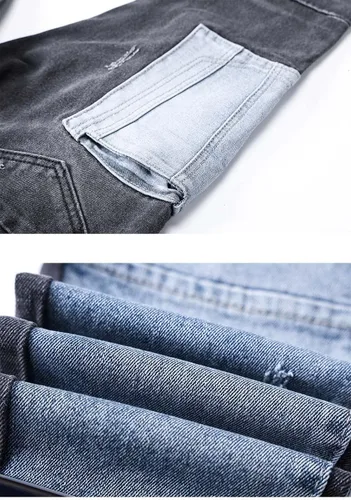 Vista 8 de SABATUTU Pantalones de mezclilla ajustados para hombre, elásticos, rasgados, desgastados, de pierna recta, a la moda, cintura alta y flexible