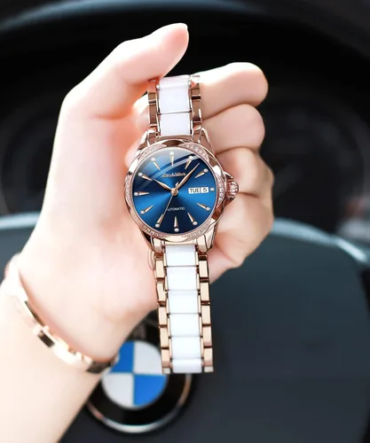 Vista 8 de Reloj automático de cerámica de acero inoxidable para mujer reloj mecánico de 984ft impermeable oro rosa elegante para mujer esfera de concha