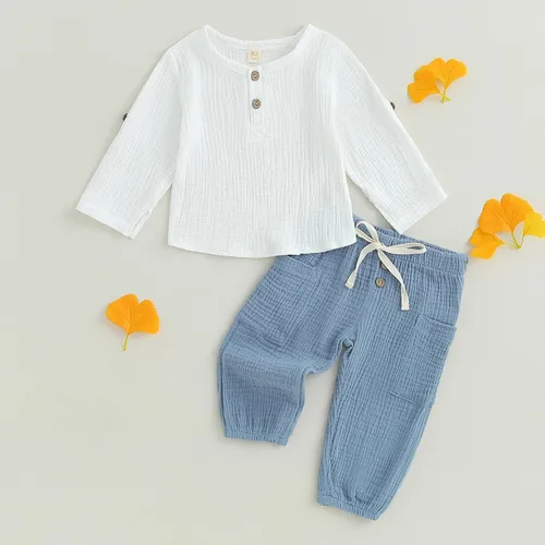 Vista 2 de Lesimsam Conjunto de camiseta de manga larga con botones de muselina para bebé niño y niña, ropa de otoño