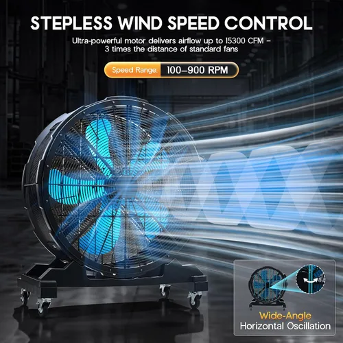 Vista 3 de Albott Ventilador de tambor industrial de 36 pulgadas, ventilador de piso de alta velocidad de plástico de 500 W con ruedas y velocidad variable