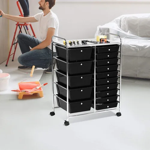 Vista 12 de Carrito de almacenamiento rodante de 15 cajones, carrito de utilidad móvil con ruedas con candado, cajones, carrito organizador multiusos para Negro