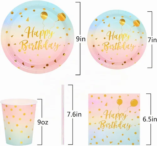 Vista 4 de Juego de 200 platos y servilletas para fiesta de cumpleaños, platos desechables para cumpleaños, platos de papel arcoíris, servilletas y tazas
