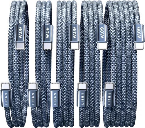 Vista 20 de LISEN Cable USB C, paquete de 5 cables USBC a USBC [0.5 pies] para iPhone 17 16e 15 Pro Max, cable de carga rápida de 60 W C a C para Galaxy Negro