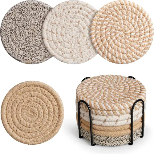 Vista 9 de Posavasos tejidos de algodón con soporte, juego de 8 posavasos absorbentes para protección de mesa, decoración del hogar, gafas, tazas, bar, regalo