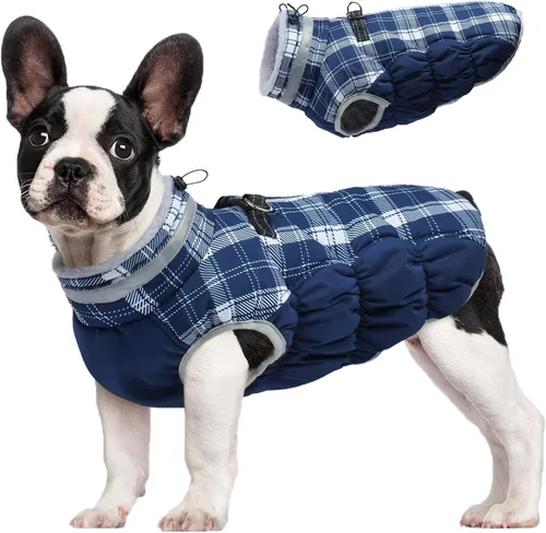 Vista 55 de Abrigo para perro, chaqueta cálida de invierno, acolchada, de vellón, chaleco reflectante con arnés, chaqueta de nieve impermeable con cremallera, a
