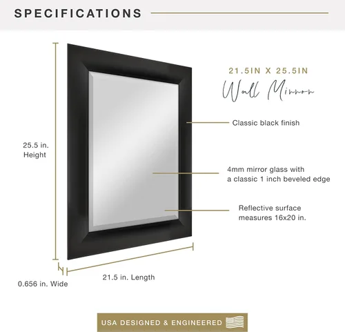 Vista 3 de MCS Simplicity - Espejo de pared grande de 21.5x25.5 pulgadas, espejo negro con detalle biselado, espejo para colgar en pared vertical u horizontal