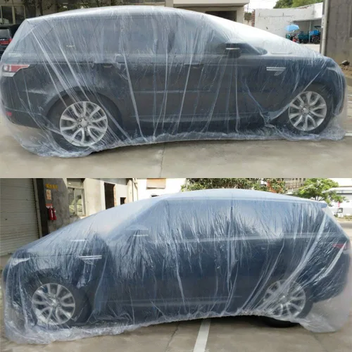 Vista 2 de Paquete de 2 fundas desechables de plástico transparente para automóvil, cubierta universal de lluvia y polvo para garaje con banda elástica, grande