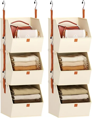 Vista 15 de Homsorout Organizador plegable para armario, sistema de almacenamiento de 3 niveles con ganchos, contenedores de almacenamiento colgantes de tela